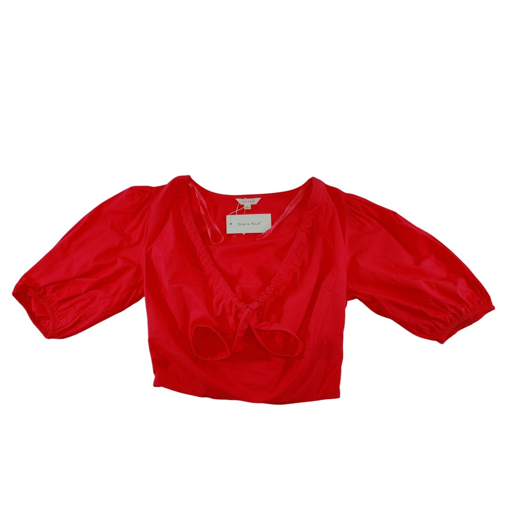 Sim‎ & Sam Pink Flare Tie Front Puff Sleeve Crop Top Size L